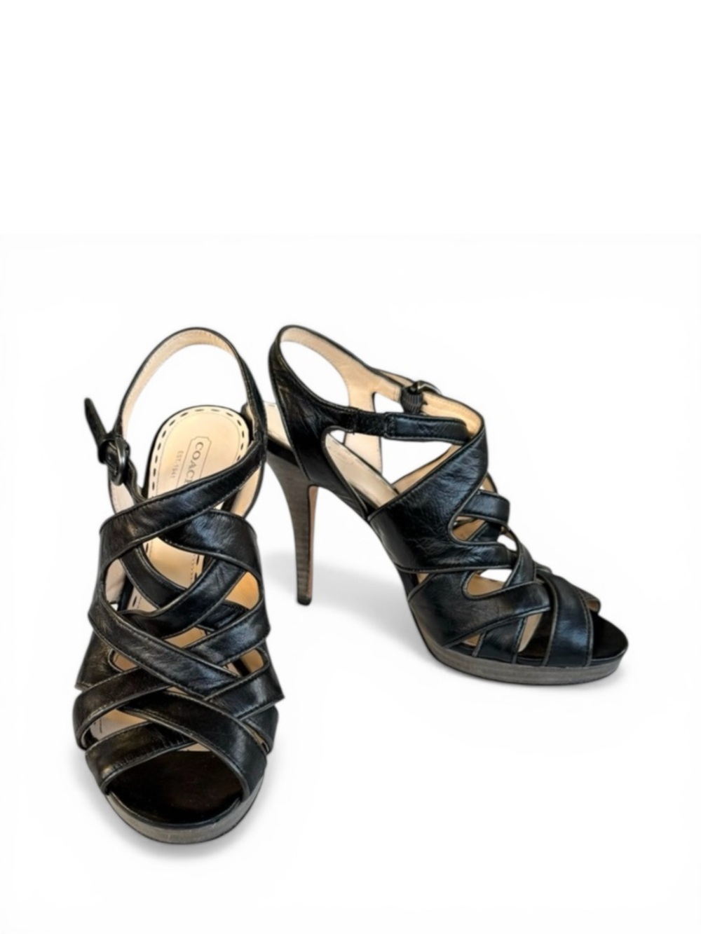 Coach Alba Sandals Black Leather Strappy Platform